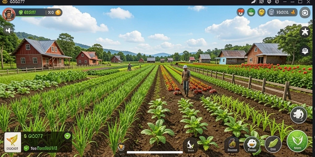 Tampilan gameplay <strong>GOGO77</strong> yang menampilkan ladang pertanian yang subur dan cerah.