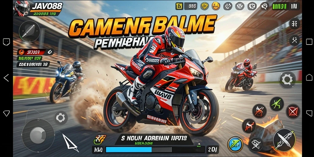 Tampilan gameplay seru di JAVO88 dengan balapan motor yang mendebarkan.