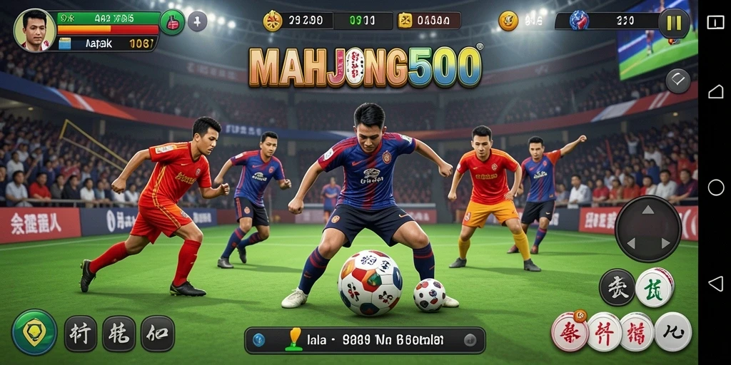 Screenshot MAHJONG500 menampilkan aksi seru permainan sepak bola.