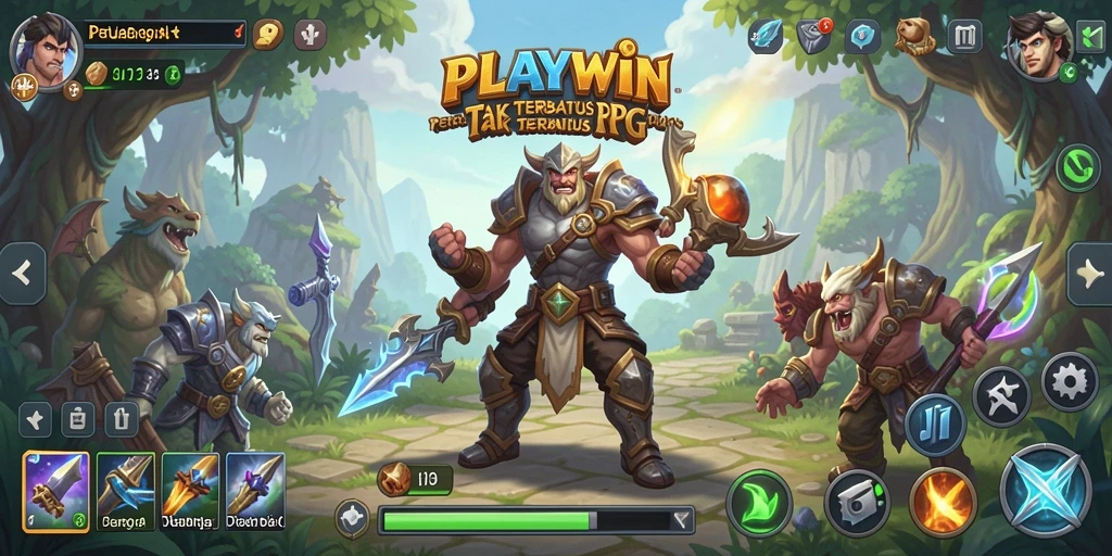 Tangkapan layar utama permainan PLAYWIN menampilkan pertempuran epik RPG.