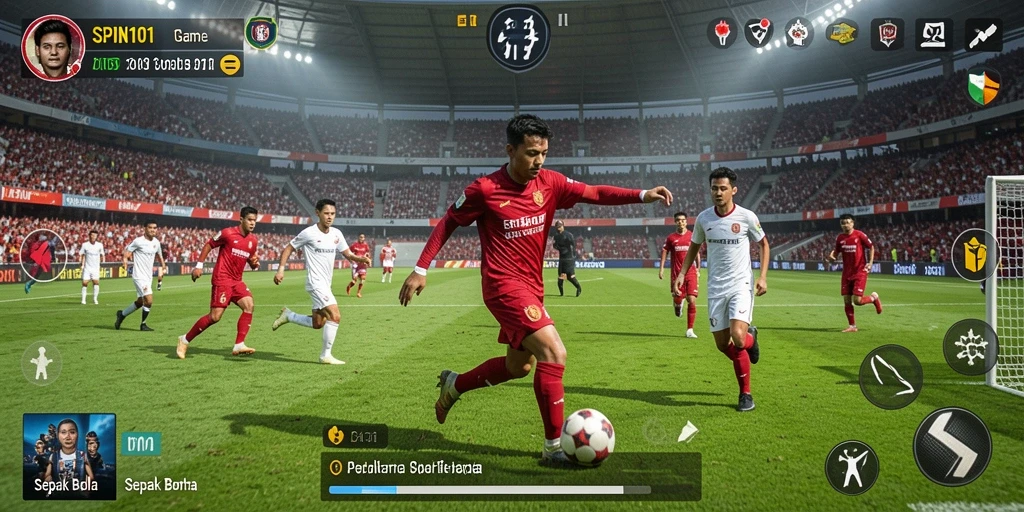 Tangkapan layar gameplay SPIN101 menunjukkan aksi seru di lapangan sepak bola.